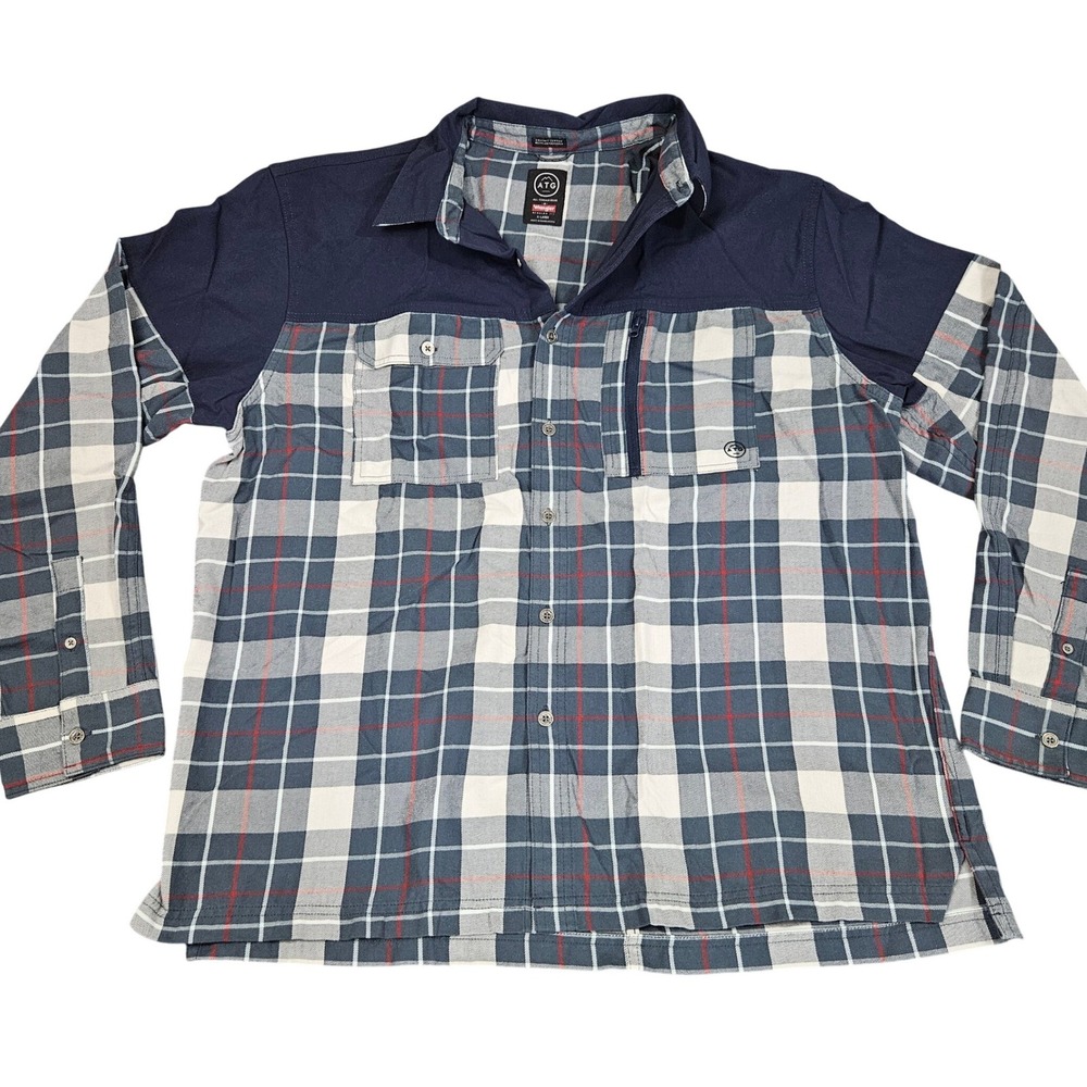 Wrangler ATG Button Up‎ Shirt XL Blue Plaid Workwear Utility Techwear Gorpcore